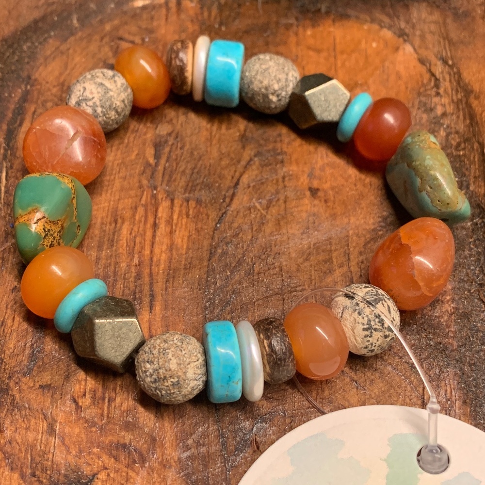 Turquoise, Howlite, Pyrite, Pearl and Agate Artisan Stretch Bracelet